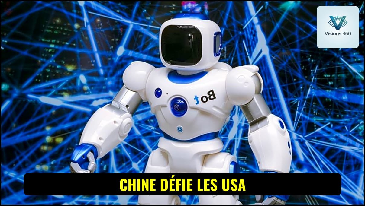 Usine futuriste assemblant des robots humanoïdes, symbolisant la production de masse en Chine.