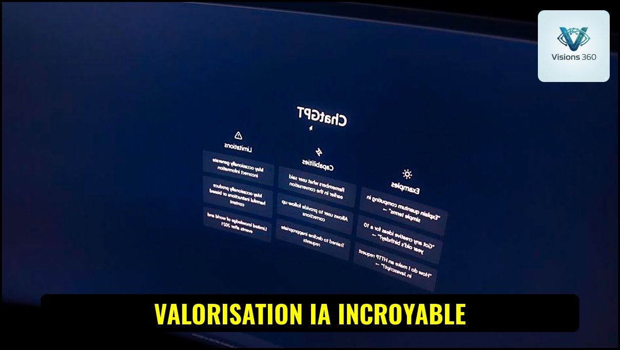 Illustration d'une interface de système d'exploitation IA d'entreprise, représentant l'intégration de diverses technologies numériques et des flux de travail automatisés.