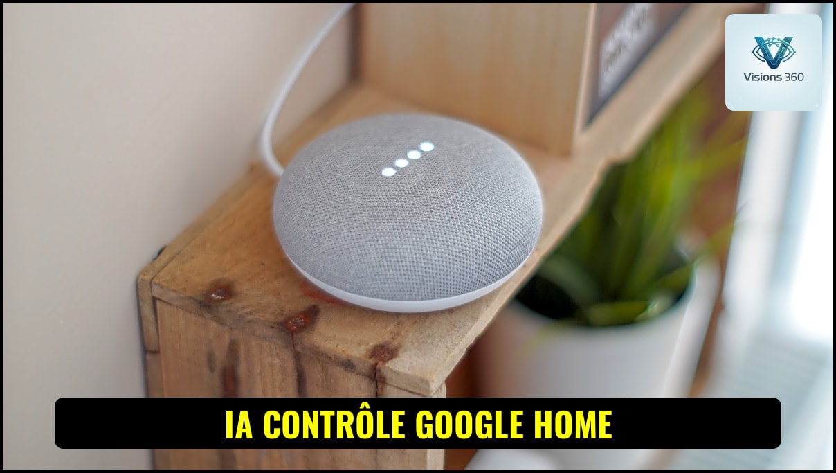 Un robot assistant intelligent interagissant avec une maison connectée via un écran tactile, symbolisant le contrôle de la domotique par l'IA.