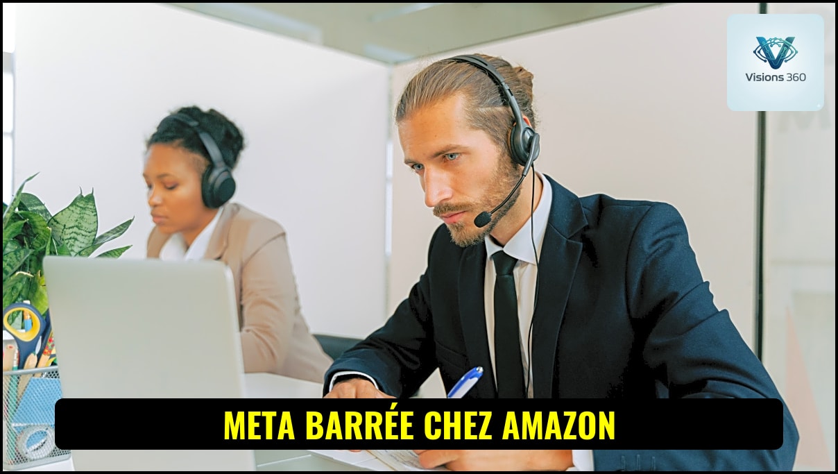 Un robot agent d'IA stylisé avec le logo de Meta, observant un écran affichant le site Amazon.com, symbolisant un blocage.