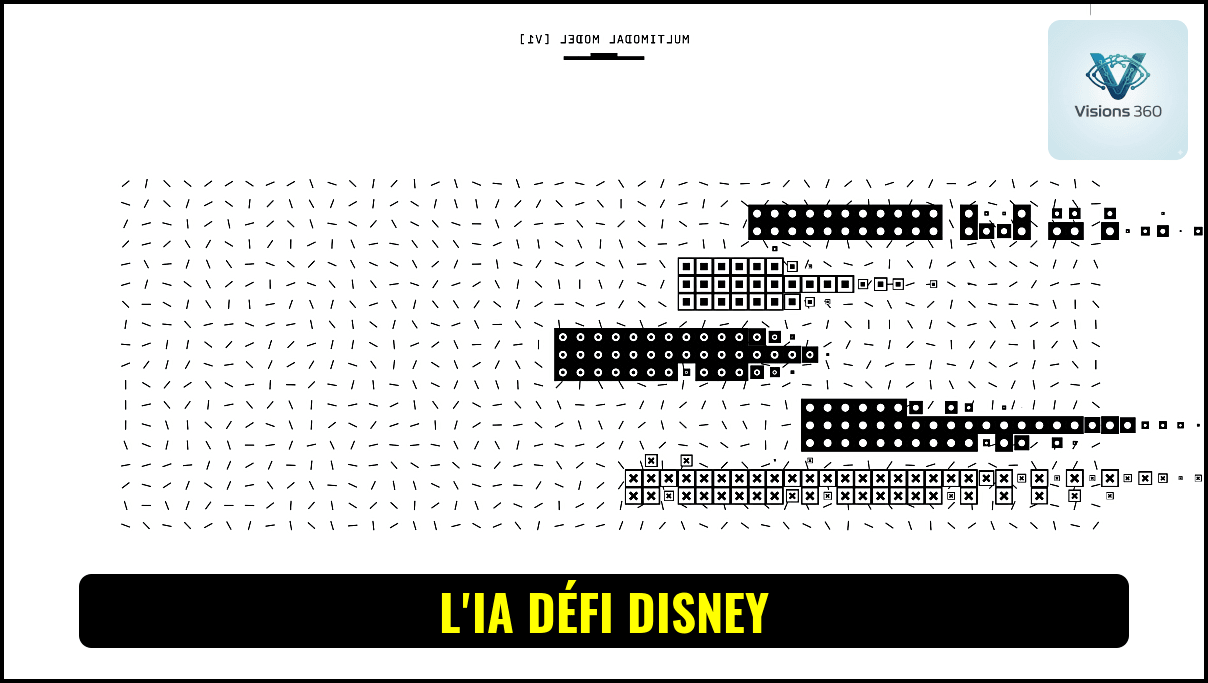 Illustration d'un personnage de dessin animé stylisé généré par IA avec des éléments de copyright, symbolisant le conflit entre création numérique et droits d'auteur pour Disney.